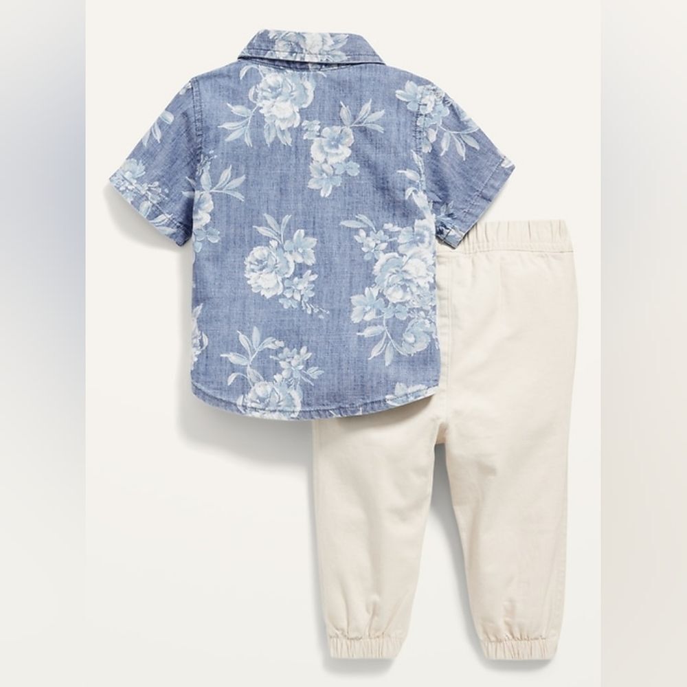 Old Navy Size 6-12 M Blue Floral Button Up Shirt With Khaki Outfit - Picture 2 of 4